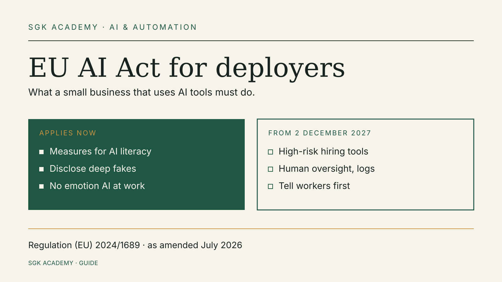 EU AI Act duties for businesses that use AI tools: what applies now and what applies to high-risk uses from 2 December 2027
